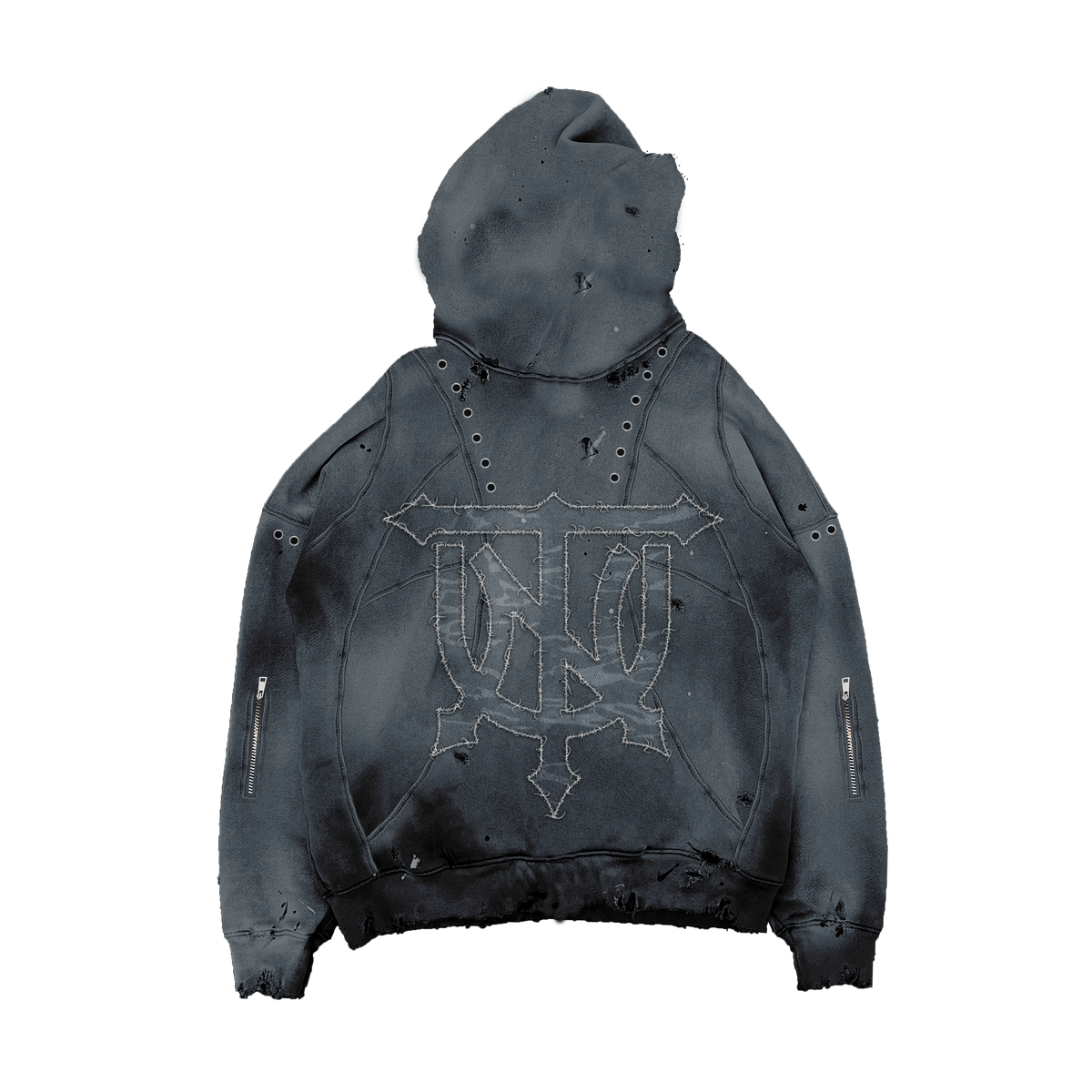 UNTAINED Never Cold hoodie, flat lay, back view