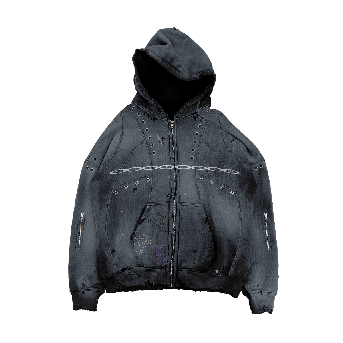 UNTAINED Never Cold hoodie, flat lay, front view