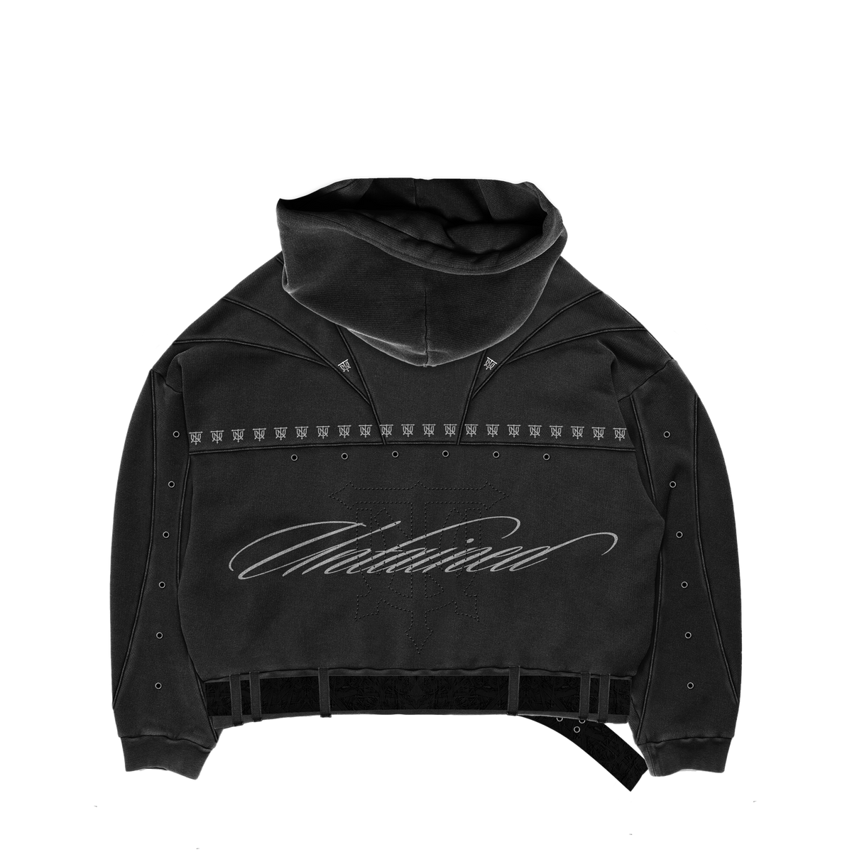 UNTAINED Sinner's Script hoodie, flat lay, back view