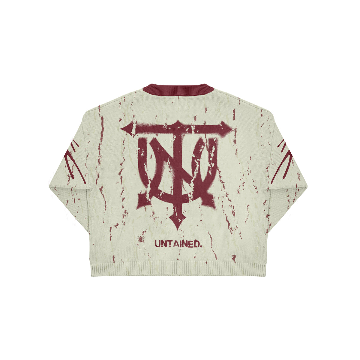 UNTAINED Blood Snow knit sweater, flat lay, back view