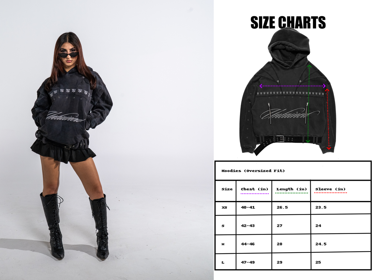 SINNER’S SCRIPT size chart, measurements in inches