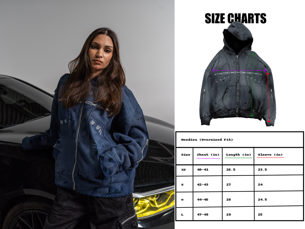 NEVER COLD size chart, measurements in inches